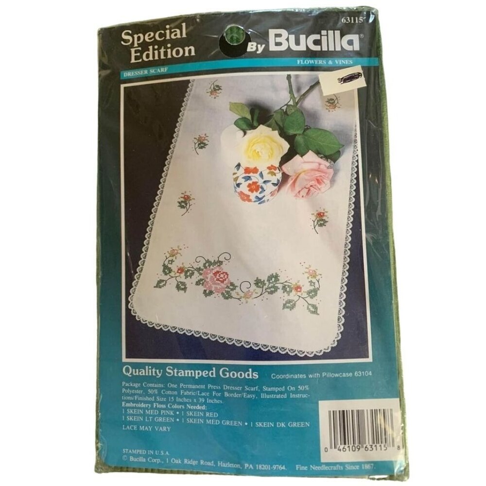 Bucilla Flowers & Vines Stamped Cross Stitch Dresser Scarf Kit 63115 Special